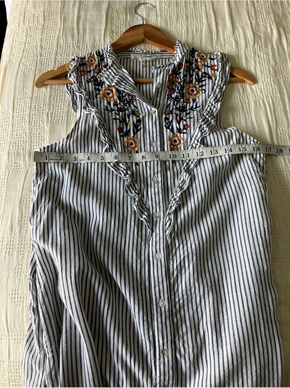 ENTRO Blue and White Striped Floral Embroidered Shirt Tank Dress Size S - Picture 9 of 14